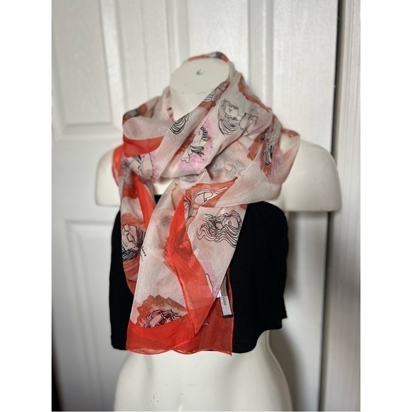 BCBGMaxAzria White Orange Fashion Sketch Faces Semi Sheer 100% Silk Scarf Wrap - Picture 6 of 6